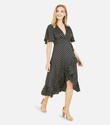 Mela Black Polka Dot Ruffle Midi Wrap Dress | New Look